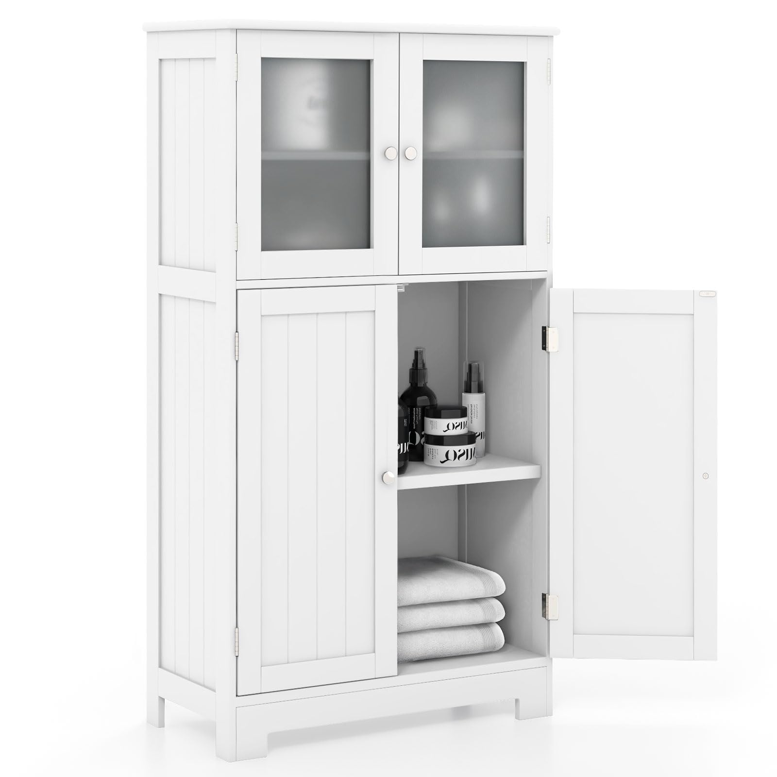 Costway Bathroom Storage Cabinet, Wooden Linen Storage Organizer Cupboard With Doors & Adjustable Shelf, Freestanding Floor Cabinet For Living Room, Kitchen, Entryway, Office (White)
